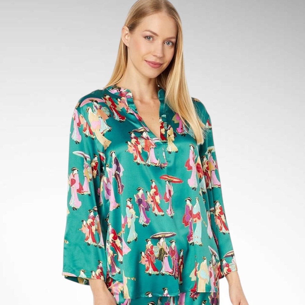 Natori Oriental-Themed Pullover Pajama Lounge Top V-Neck Split Sleeves